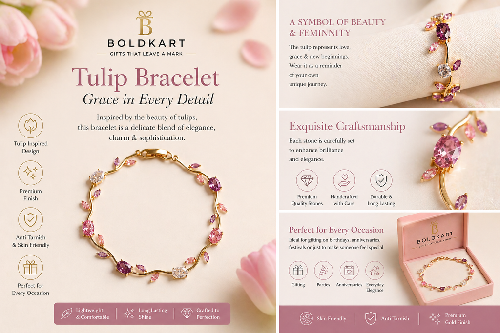 Boldkart Tulip Bracelet for Women | Elegant Gold Plated Floral Crystal Bracelet