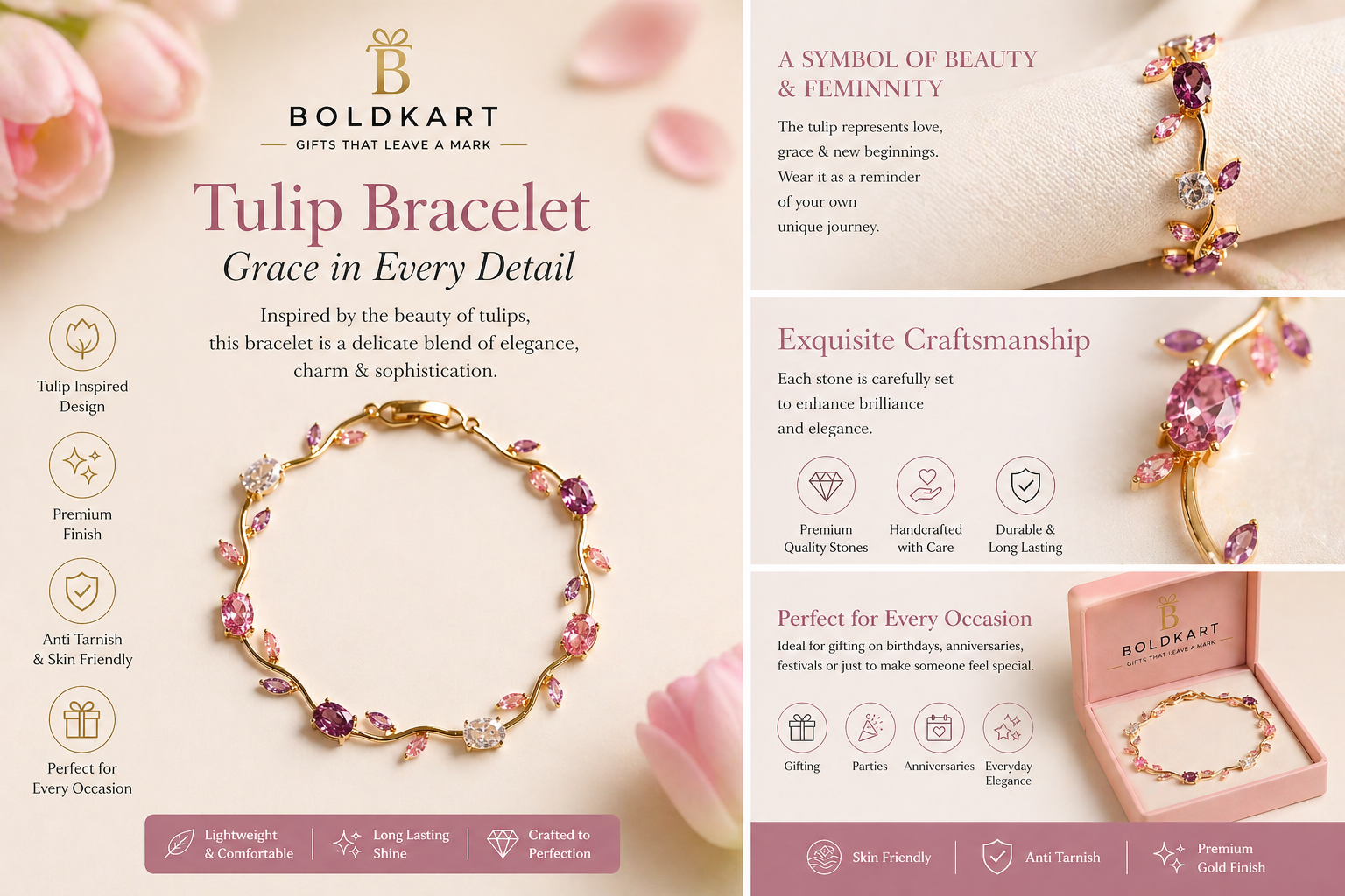 Boldkart Tulip Bracelet for Women | Elegant Gold Plated Floral Crystal Bracelet