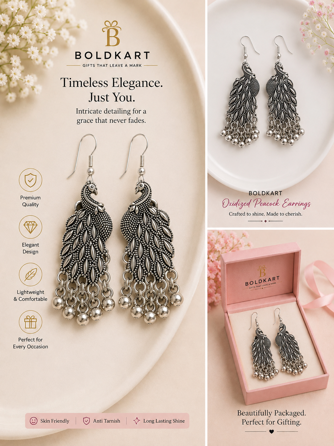 Boldkart Oxidized Peacock Earrings for Women