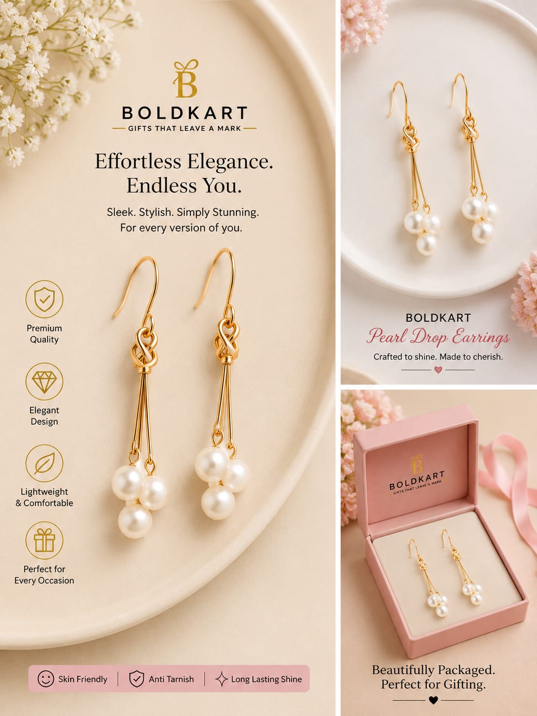 Boldkart Gold-Tone Pearl Hanging Earrings for Women